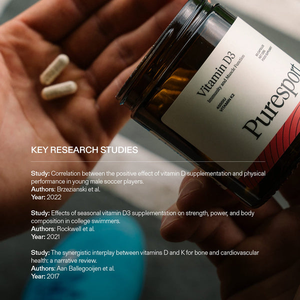 Puresport Vitamin D3 supplement jar held in a hand with capsules, research studies displayed regarding Vitamin D3. 