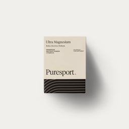 Magnesium supplement box by Puresport containing a jar for a month's supply of high strength magnesium. 