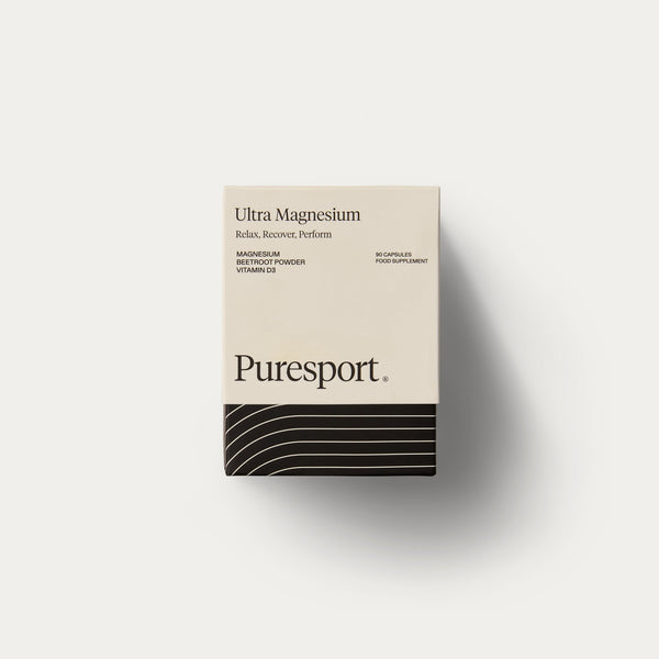 Magnesium supplement box by Puresport containing a jar for a month's supply of high strength magnesium. 