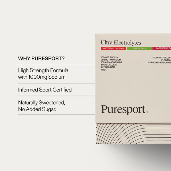 Puresport Ultra Electrolytes box and showing benefits of Puresport such as no sugar and high strength formula. 