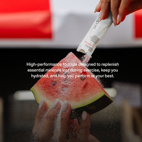 A person pouring electrolytes onto a watermelon with overlay text of benefits of electrolytes. 