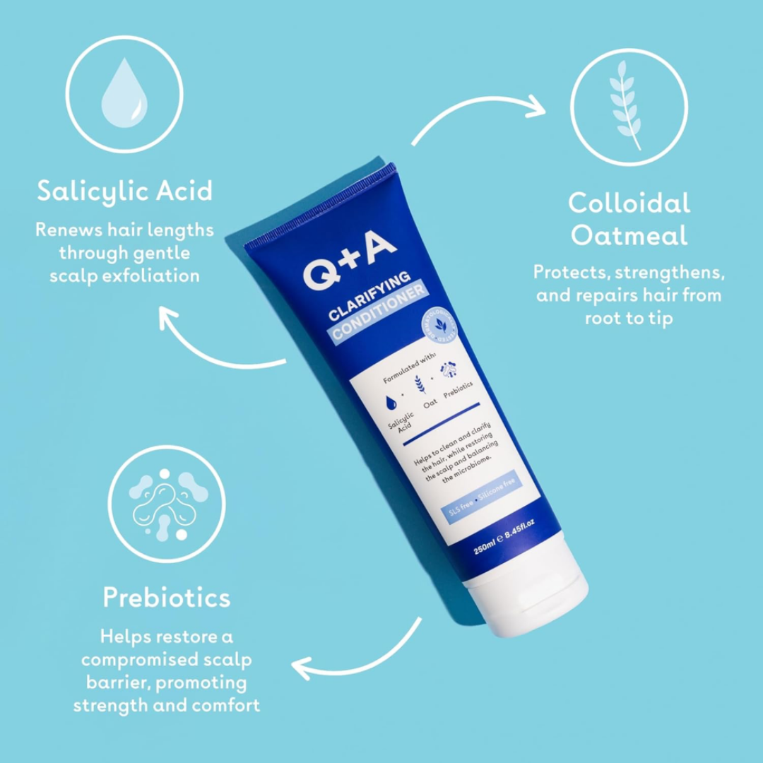 Q+A clarifying shampoo tube with text on a blue background