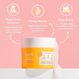 Q+A Intense Hydration Hair Mask jar with ingredients listed on a pink background