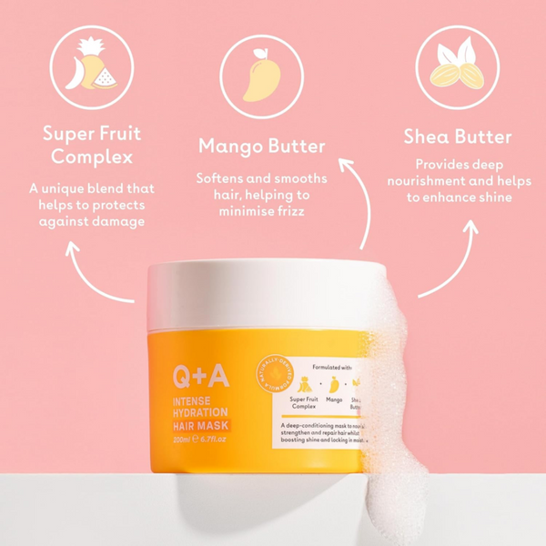 Q+A Intense Hydration Hair Mask jar with ingredients listed on a pink background