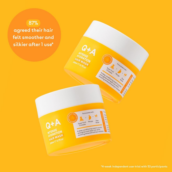 Two jars of Q+A hair mask on a yellow background with text about hair texture improvement.