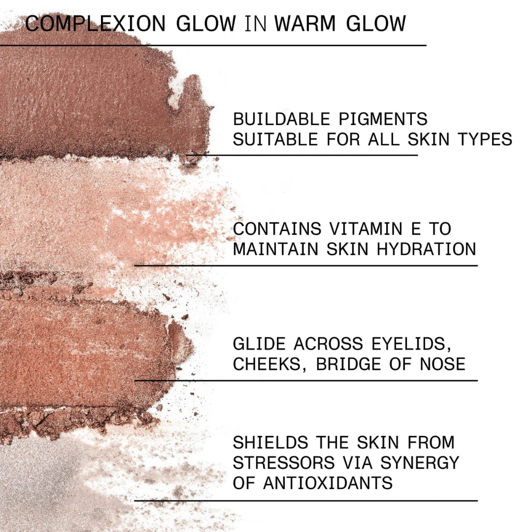 Three vertical makeup swatches on a white background with black text describing shade characteristics: a warm medium brown, a shimmery pink-beige, and a metallic coppery rose shimmer. Headline reads 'COMPLEXION GLOW IN WARM GLOW'.