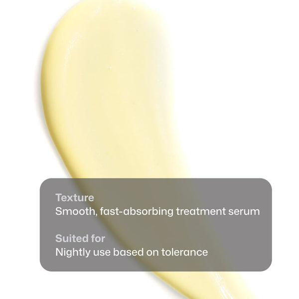 A close-up of a pale yellow cream or serum swatch on a white background with a semi-transparent text box describing the texture as smooth and fast-absorbing, suitable for nightly use.