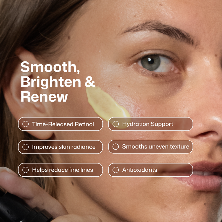 Close-up of a woman's face with a pale yellow cream applied to her cheek, accompanied by marketing text reading 'Smooth, Brighten & Renew' and feature callouts about retinol, hydration, and skin texture.