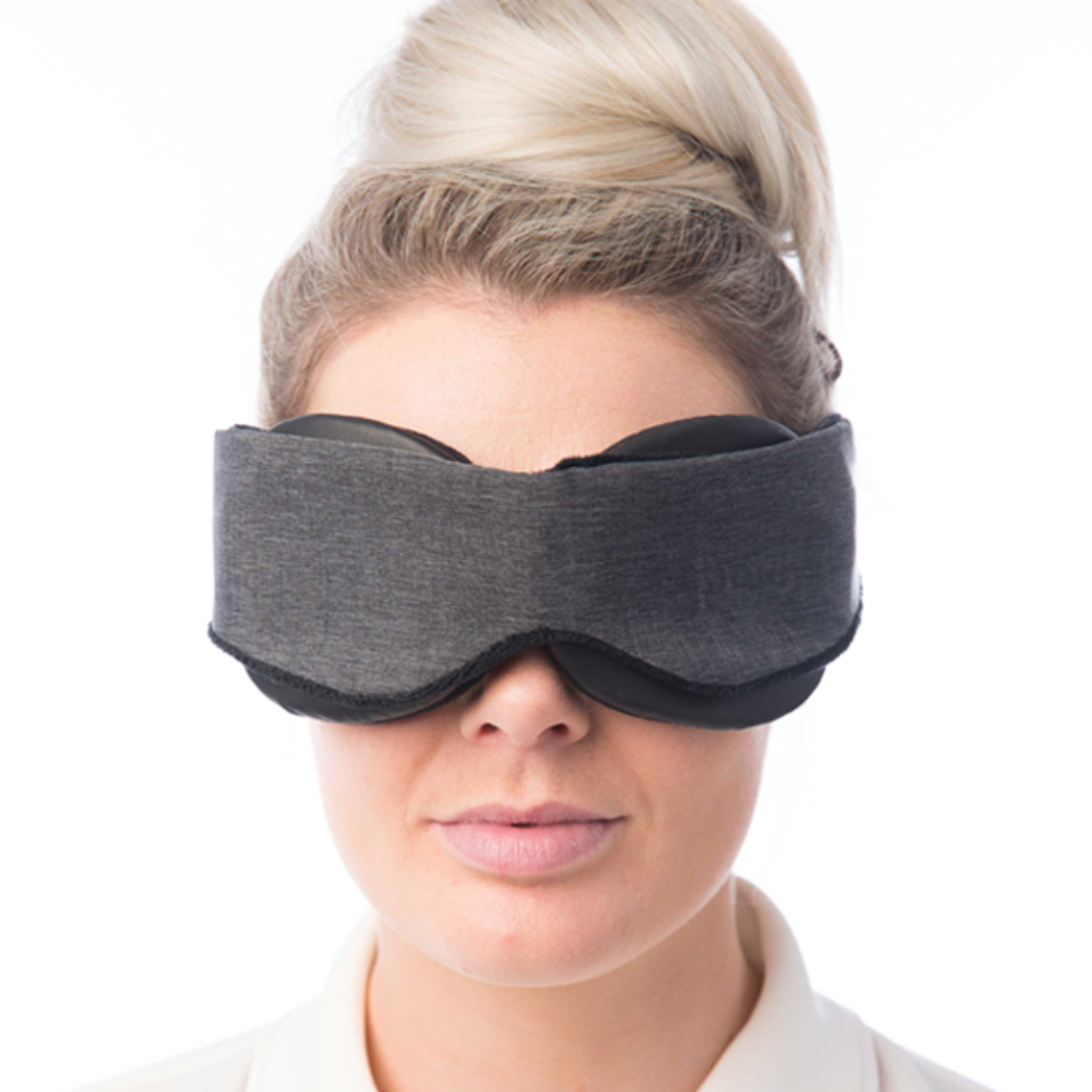 Woman Wearing Classic Blackout Sleep Mask Front View