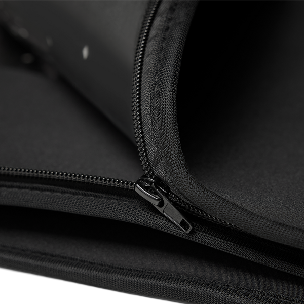 Close-up of a black zipper on a black bag
