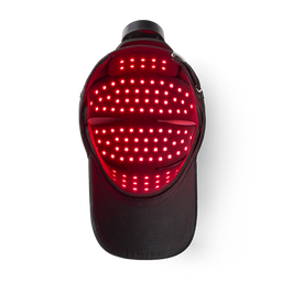 Inside of Black cap with red LED lights on, glowing red.