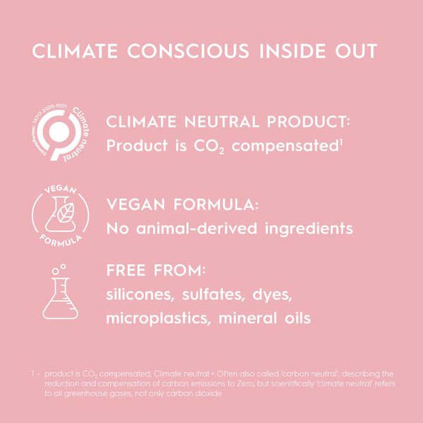 Product label with climate conscious features on a pink background