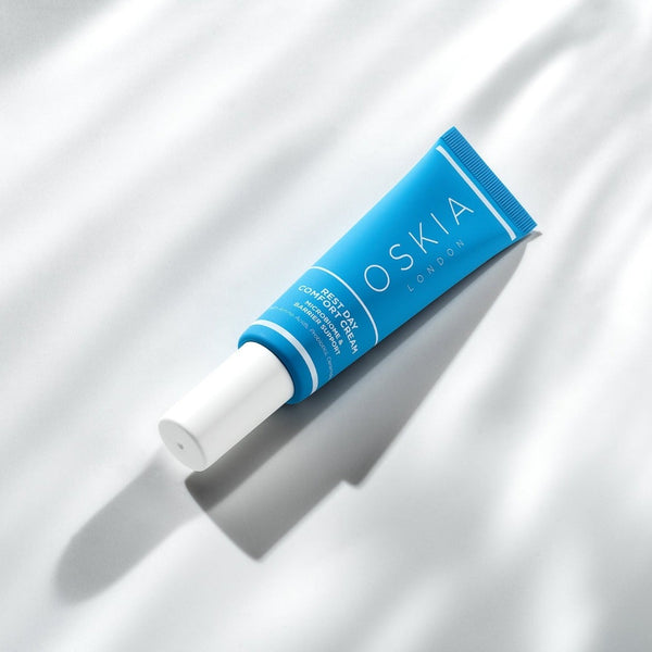 OSKIA Rest Day Comfort Cream tube on a white surface