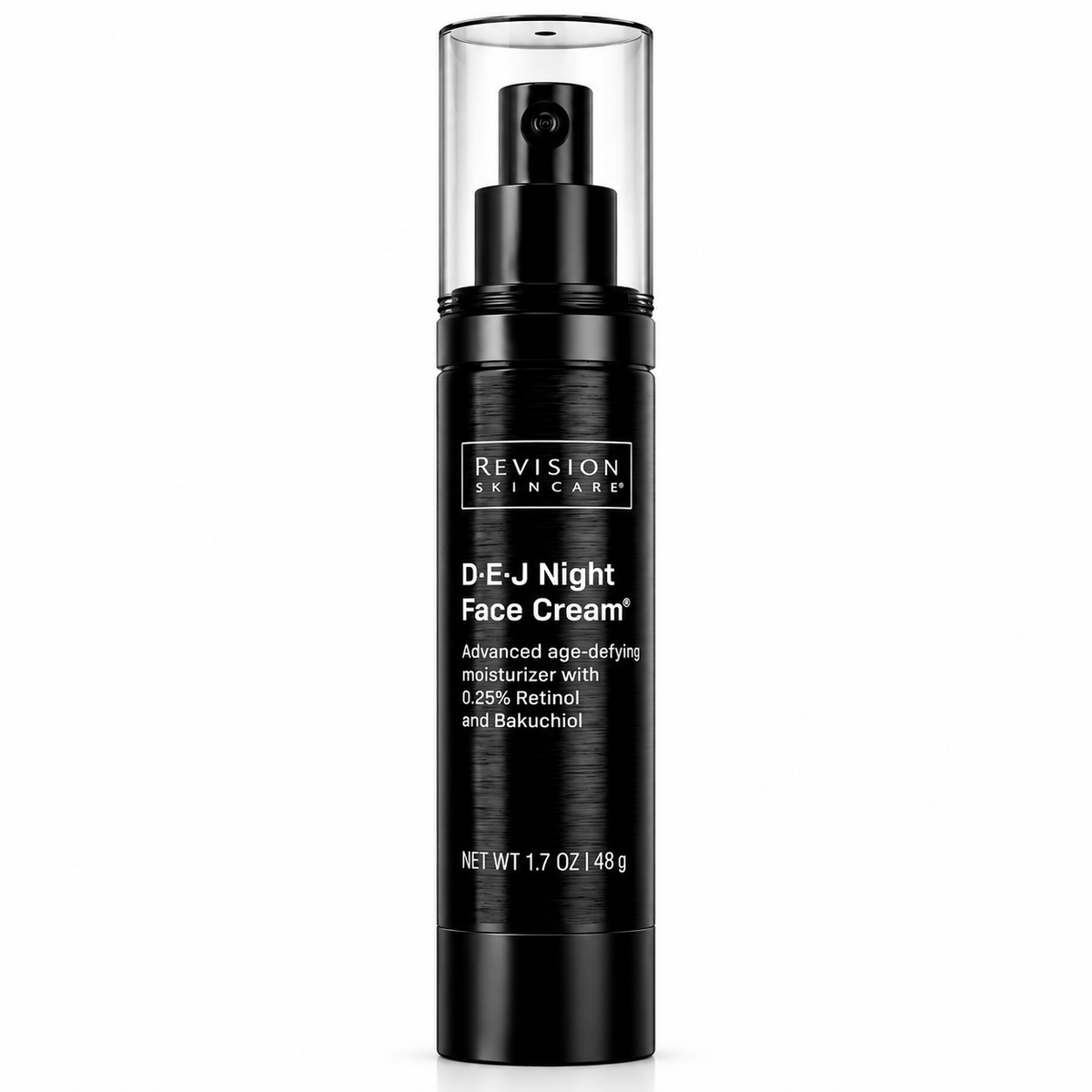Revision Skincare D-E-J Night Face Cream in a sleek black cylindrical pump bottle with a clear cap, shown on a plain white background.