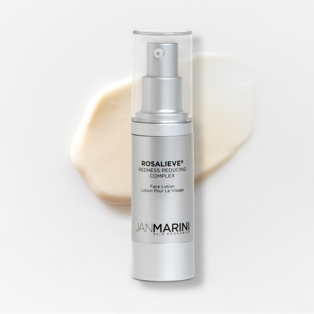 Jan Marini RosaLieve Redness Reducing Complex bottle and texture behind