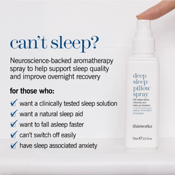A bottle of thisworks Deep Sleep Pillow Spray is shown on a white background with promotional text on the left and a hand pressing the spray top on the right.