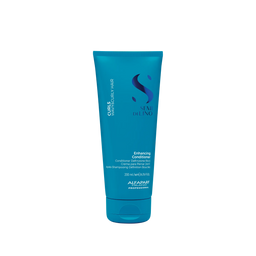 Blue conditioner bottle with brand logo on a white background