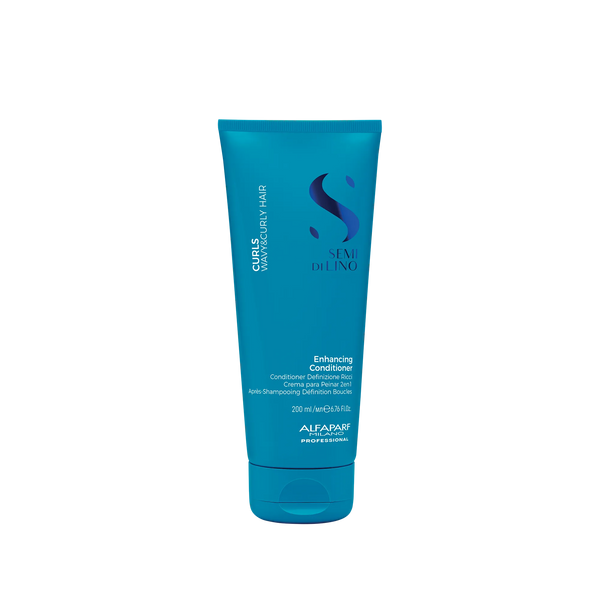 Blue conditioner bottle with brand logo on a white background