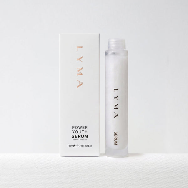 LYMA Power Youth Serum shown with its white box and a clear cylindrical bottle containing a translucent white serum, set against a clean white background.