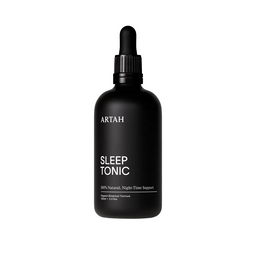 Black bottle of Artah Sleep Tonic on a light gray background