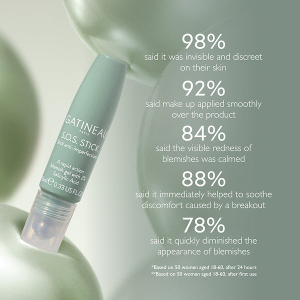 Skincare product with text showing user feedback on a light background
