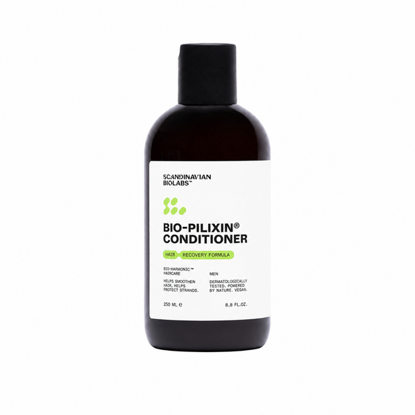 A 250 ml bottle of Scandinaavian Biologs Bio-Pilixin Conditioner, featuring a dark amber-brown bottle and a white label with green accents, set against a plain white background.
