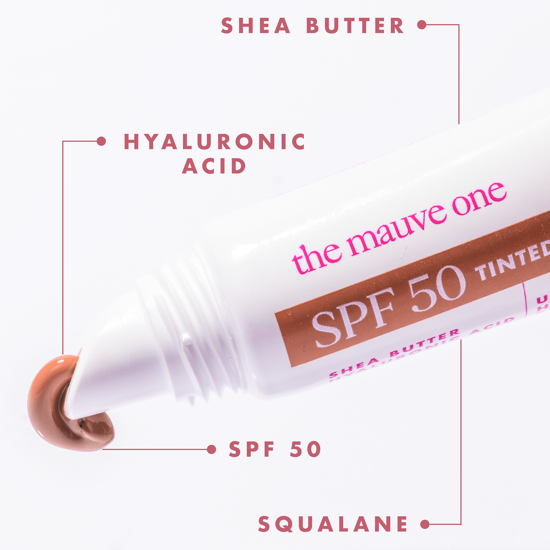 SPF 50 tinted cream with labeled ingredients on a white background