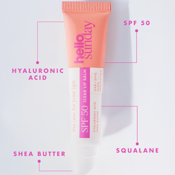 Lip balm packaging with SPF 50 label on a light gray background