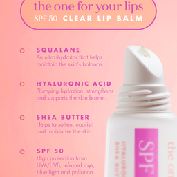 Clear lip balm with SPF 50 on a pink background, featuring ingredients and benefits.