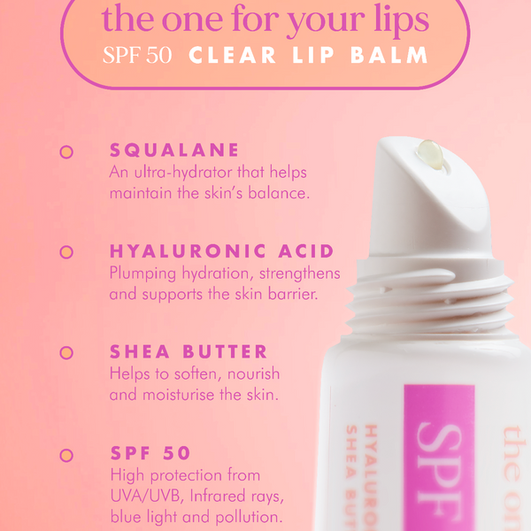 Clear lip balm with SPF 50 on a pink background, featuring ingredients and benefits.