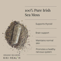 KIKI Health organic sea moss capsule with benefits listed on a beige background