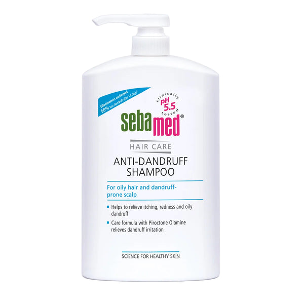 Sebamed anti-dandruff shampoo bottle on a white background