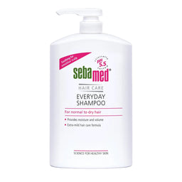 Sebamed shampoo bottle on a white background