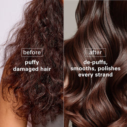 Before and after comparison of puffy damaged hair and smooth, polished hair.