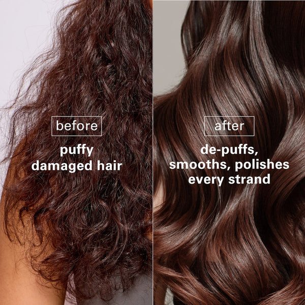 Before and after comparison of puffy damaged hair and smooth, polished hair.