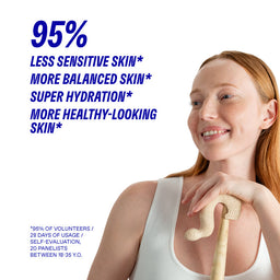 Woman holding a walking stick with text about skin benefits on a white background