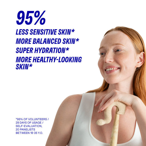 Woman holding a walking stick with text about skin benefits on a white background