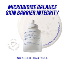 Skincare serum bottle with text about microbiome balance and skin barrier integrity on a white background.
