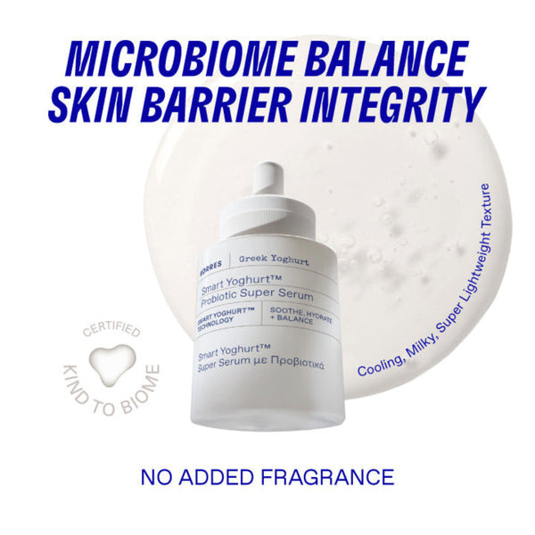 Skincare serum bottle with text about microbiome balance and skin barrier integrity on a white background.