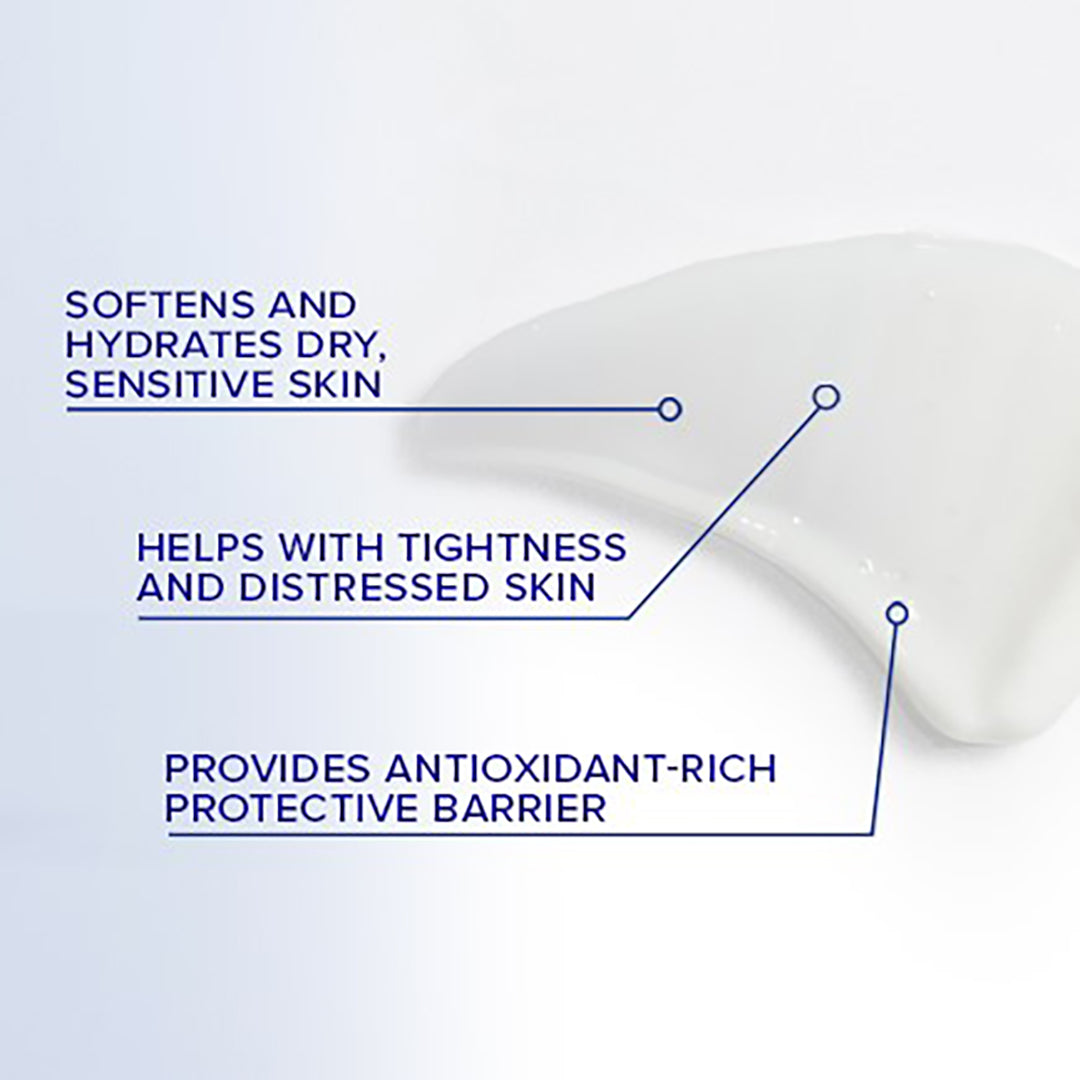 Close-up of a skincare product with text highlighting its benefits on a light background