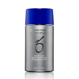 Zois Skin Health Klein Obagi Sheer Fluid Broad Spectrum sunscreen SPF 50 in a 50 mL silver bottle with a vibrant blue cap, shown on a white background with a soft reflection.