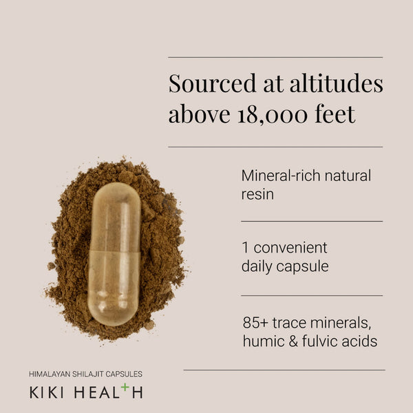 A beige promotional graphic for Himalayan Shilajit Capsules by Kiki Health, featuring a translucent capsule resting on a mound of dark brown mineral resin. Text on the right reads: 'Sourced at altitudes above 18,000 feet,' 'Mineral-rich natural resin,' '1 convenient daily capsule,' and '85+ trace minerals, humic & fulvic acids.