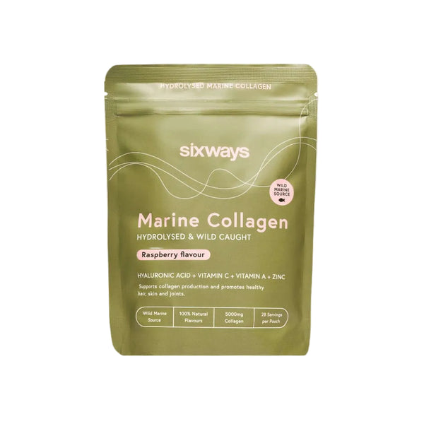Green package of sixways Marine Collagen on a white background