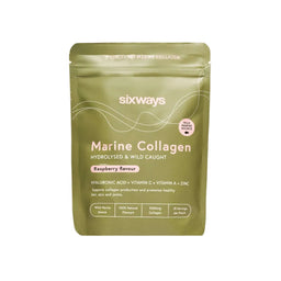 Green package of sixways Marine Collagen on a white background