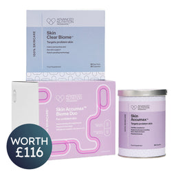 Advanced Nutrition Supplements Skin Clear Biome and Skin Accumax Biome Duo product packaging, featuring a light blue box, a lavender and pink blister pack, and a lavender canister, with a dark blue circular badge reading 'WORTH £116'.