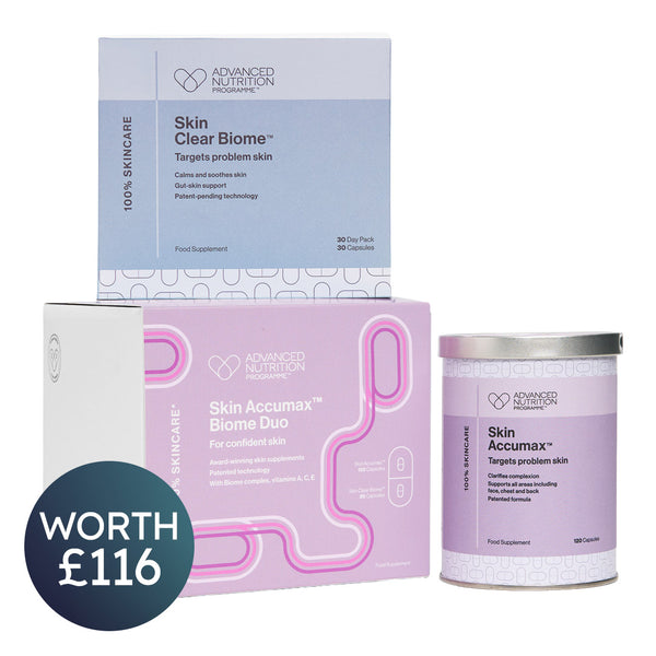 Advanced Nutrition Supplements Skin Clear Biome and Skin Accumax Biome Duo product packaging, featuring a light blue box, a lavender and pink blister pack, and a lavender canister, with a dark blue circular badge reading 'WORTH £116'.