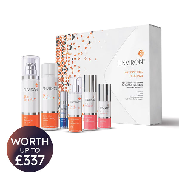 ENVIRON Skin Essential Sequence skincare set with five bottles and a matching gift box, shown on a white background with a dark purple circular badge reading 'WORTH UP TO £337'.