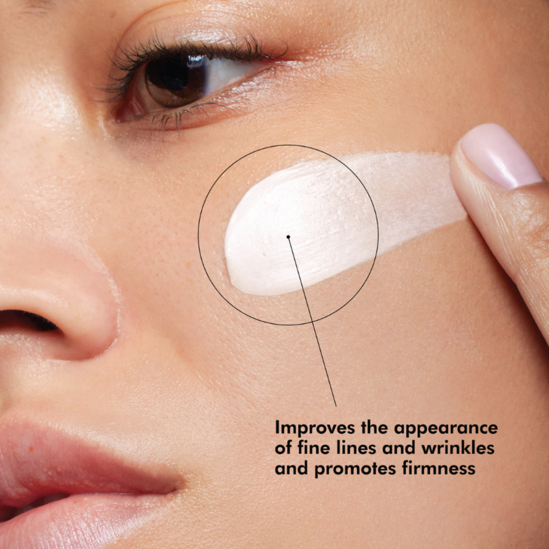 Close-up of a hand applying cream to a person's face with text about skincare benefits.