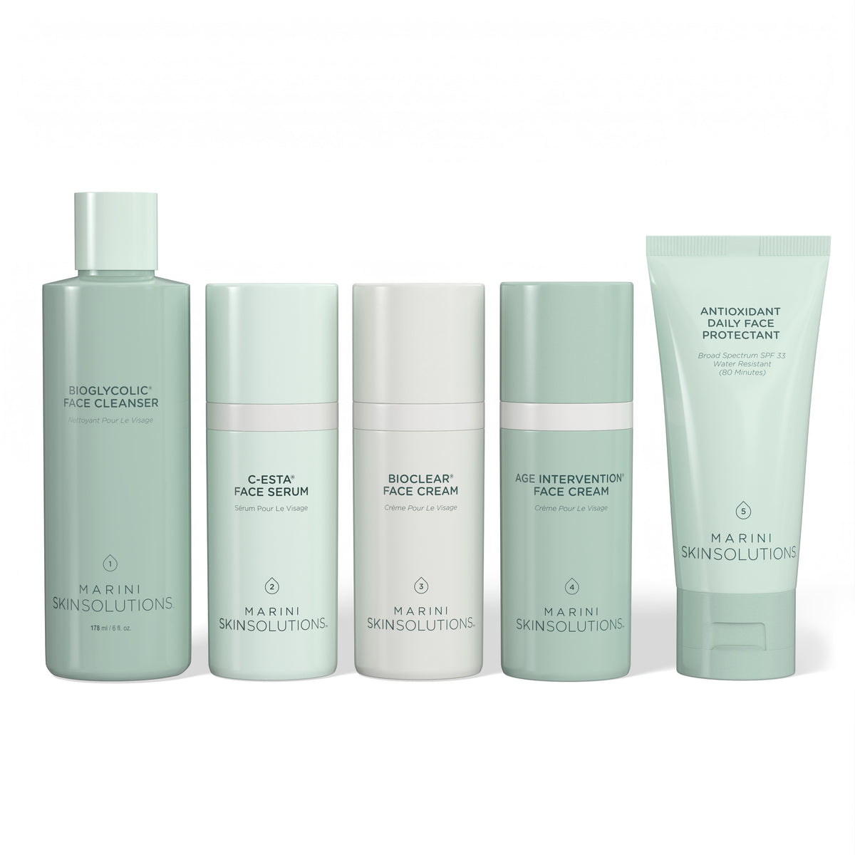 Set of skincare products from Marini Skinsolutions on a white background
