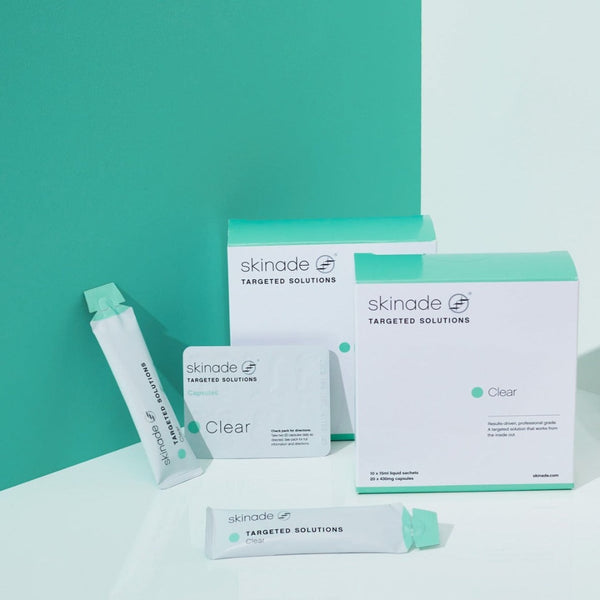 two packets of Skinade Targeted Solutions Clear in front of a blue wall